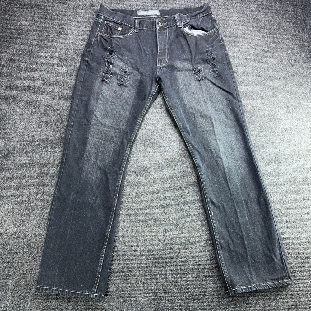 Spike Mark Mens Distressed Denim Jeans Faded Black Straight Leg 36x31 Streetwear